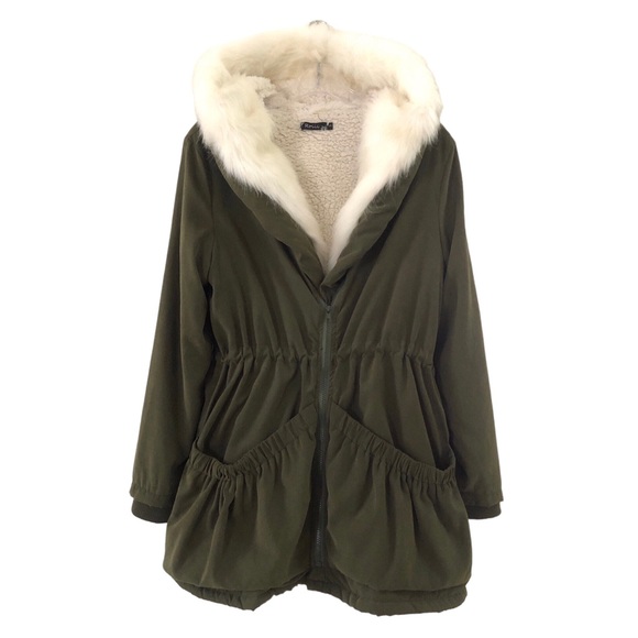 Roiii Womens Green Hooded Parka Coat Faux Fur Trim Sherpa Fleece Lining Zipper - Picture 8 of 16